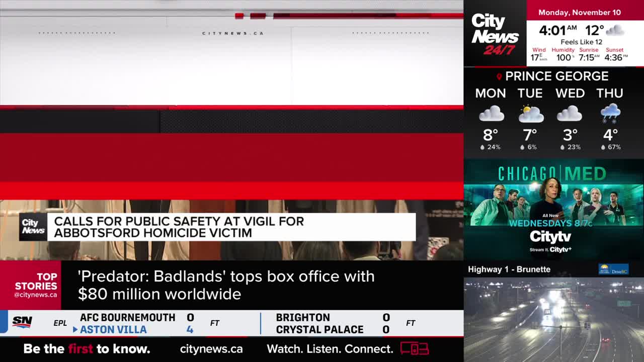 The CityNews Vancouver broadcast displays headlines about an Abbotsford homicide and the box office success of "Predator: Badlands." The screen also shows the weather forecast for Prince George.
The CityNews Vancouver broadcast displays headlines about an Abbotsford homicide and the box office success of "Predator: Badlands." The screen also shows the weather forecast for Prince George.