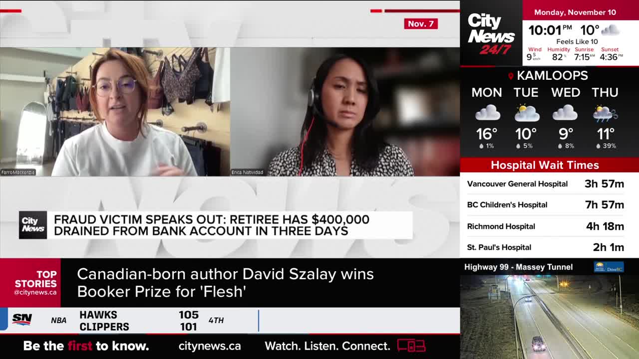 Two women are on a split screen, likely a segment from CityNews Vancouver. One woman, wearing glasses, speaks with animated hand gestures, while the other listens intently, wearing a headset.
Two women are on a split screen, likely a segment from CityNews Vancouver. One woman, wearing glasses, speaks with animated hand gestures, while the other listens intently, wearing a headset.