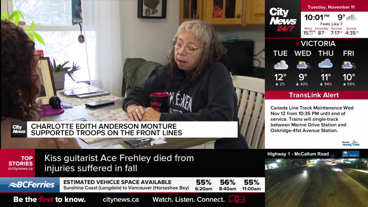 A woman with graying hair, holding a mug, is speaking at a table, likely for a CityNews Vancouver segment. The screen displays a TransLink alert about Canada Line track maintenance, and the weather forecast for Victoria.
A woman with graying hair, holding a mug, is speaking at a table, likely for a CityNews Vancouver segment. The screen displays a TransLink alert about Canada Line track maintenance, and the weather forecast for Victoria.