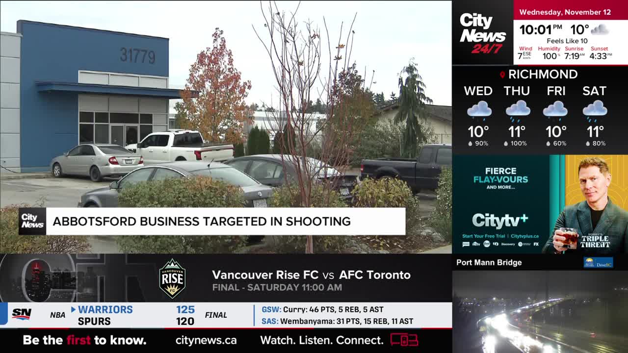 Outside, a blue building with the number 31779 sits behind parked cars. CityNews Vancouver reports an Abbotsford business was targeted in a shooting.
Outside, a blue building with the number 31779 sits behind parked cars. CityNews Vancouver reports an Abbotsford business was targeted in a shooting.