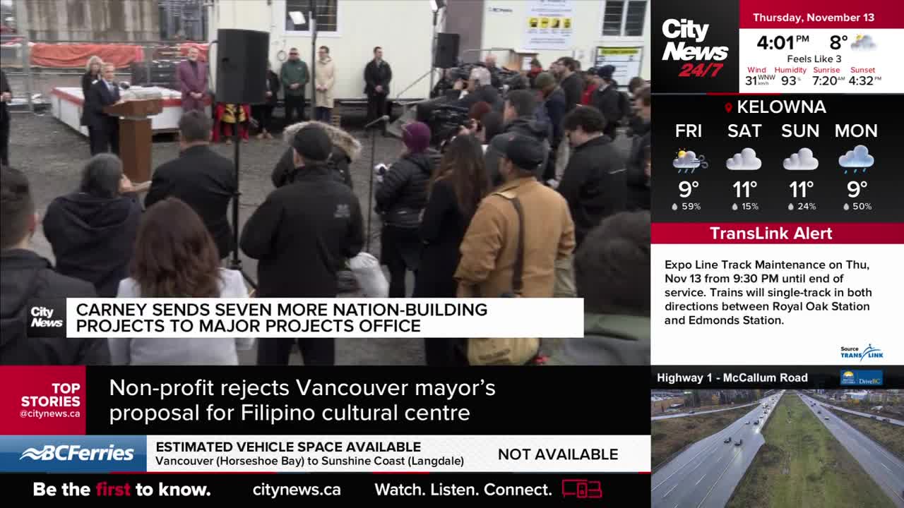 A speaker stands at a podium, addressing a crowd gathered outside, likely in Vancouver. CityNews cameras are focused on the event, capturing the scene as people listen attentively.
A speaker stands at a podium, addressing a crowd gathered outside, likely in Vancouver. CityNews cameras are focused on the event, capturing the scene as people listen attentively.