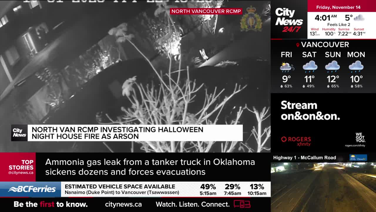 The CityNews Vancouver broadcast shows a grainy, night-vision view of a house. The North Van RCMP is investigating a fire, possibly arson, as the camera focuses on the dark exterior.
The CityNews Vancouver broadcast shows a grainy, night-vision view of a house. The North Van RCMP is investigating a fire, possibly arson, as the camera focuses on the dark exterior.