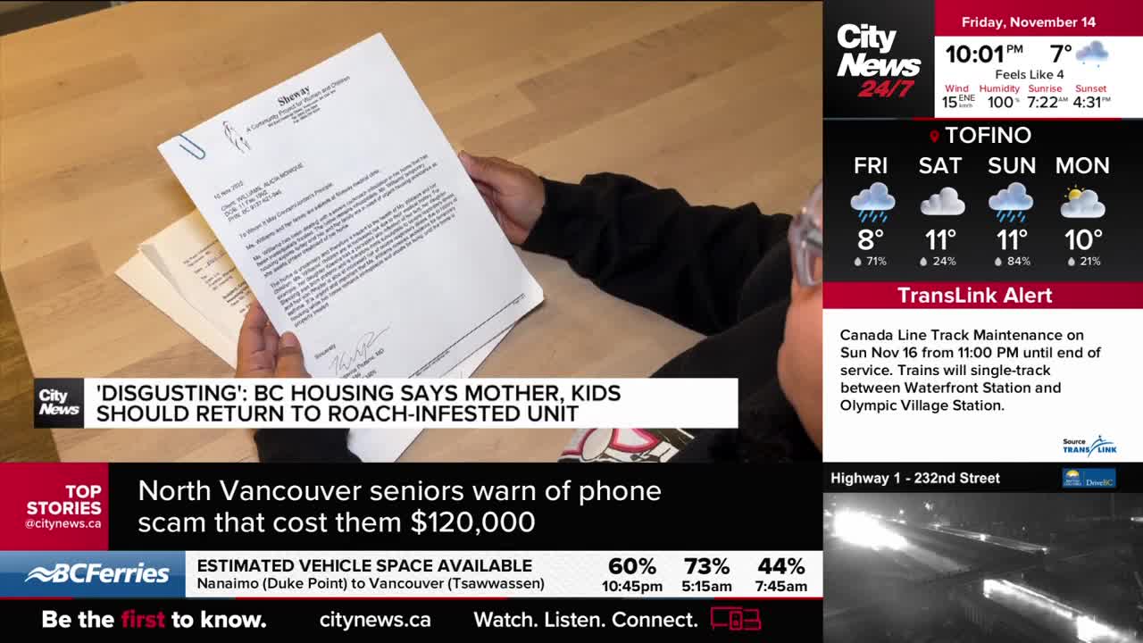 A person is holding a letter, the text visible beneath a paperclip, while a CityNews Vancouver graphic highlights a story about BC Housing. The screen shows the current weather in Tofino and a TransLink alert about Canada Line track maintenance.
A person is holding a letter, the text visible beneath a paperclip, while a CityNews Vancouver graphic highlights a story about BC Housing. The screen shows the current weather in Tofino and a TransLink alert about Canada Line track maintenance.