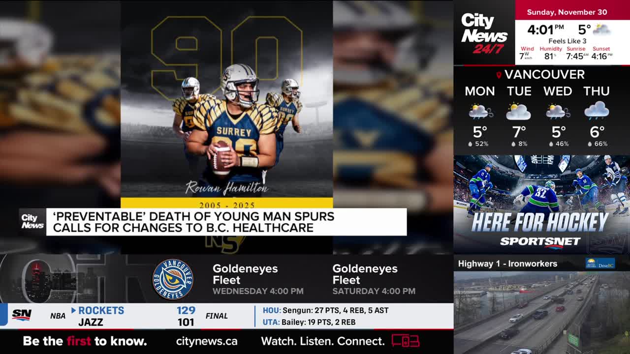 A CityNews Vancouver graphic displays a football player in a Surrey jersey, with the headline about changes to B.C. healthcare. The weather forecast and sports scores are also visible on the screen.

