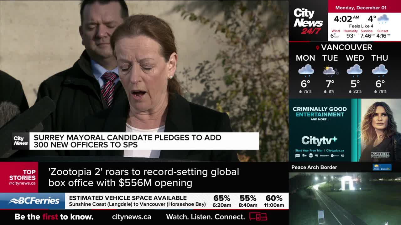 A Surrey mayoral candidate, speaking into microphones, is making a pledge. The CityNews Vancouver banner at the bottom of the screen highlights the story.

