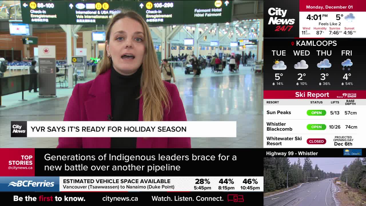A CityNews Vancouver reporter stands in front of a busy airport terminal, speaking directly to the camera. Behind her, people with luggage walk and roll through the departure area.
