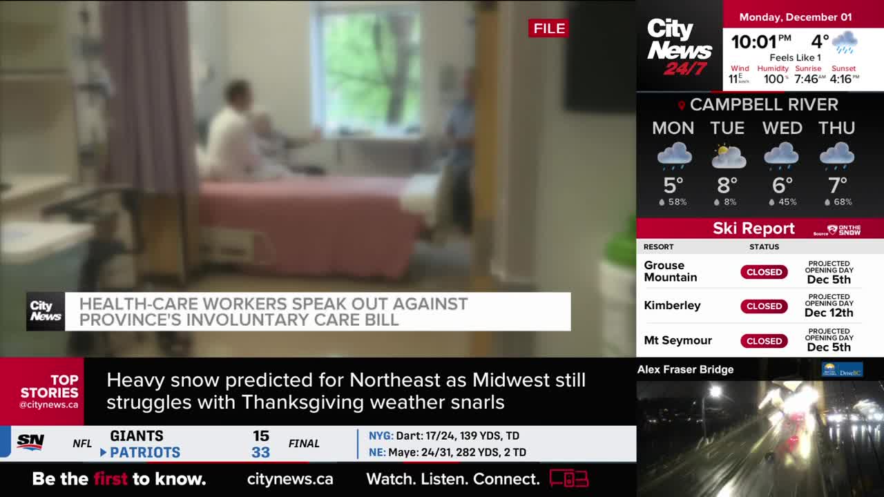 In a hospital room, two figures in white coats stand near a bed with a pink sheet. The CityNews Vancouver banner highlights a story about health-care workers.
