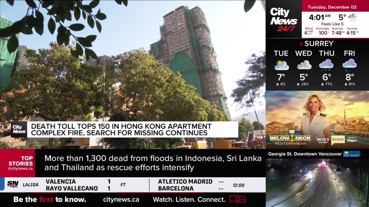 A news report from CityNews Vancouver displays a headline about a Hong Kong apartment fire. The screen also shows the weather forecast for Surrey and a live feed of Georgia Street.
