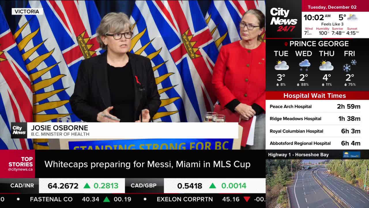 Josie Osborne, B.C.'s Minister of Health, is speaking at a podium in front of flags, her hands gesturing as she addresses the cameras. CityNews Vancouver's graphics show the date, weather, and hospital wait times.
