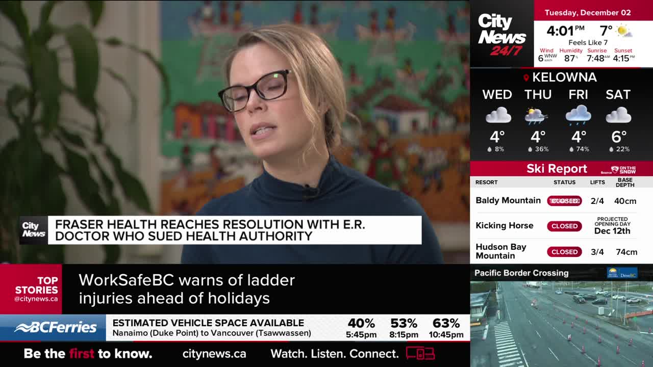 A woman wearing glasses speaks in front of a CityNews Vancouver backdrop. The screen displays the weather in Kelowna and a ski report.
