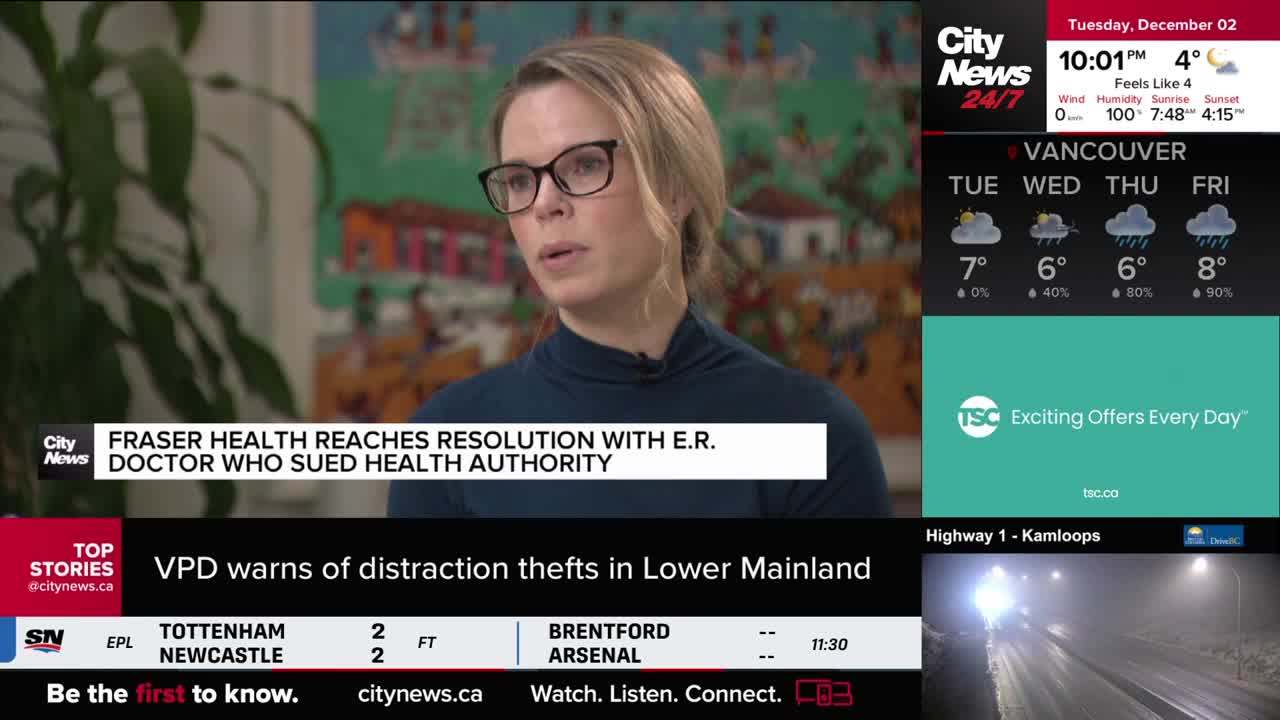 A woman with glasses speaks directly to the camera, her words overlaid with a CityNews Vancouver headline. The screen displays weather forecasts and sports scores, typical of a broadcast.

