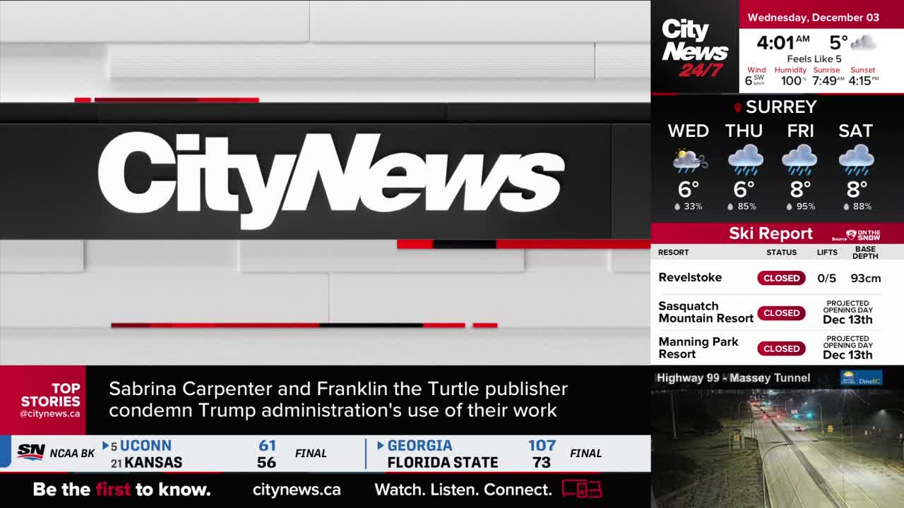 The CityNews logo sits prominently at the top, while a weather forecast for Surrey and a ski report are displayed on the right. Below, a headline details a story about Sabrina Carpenter and Franklin the Turtle.
