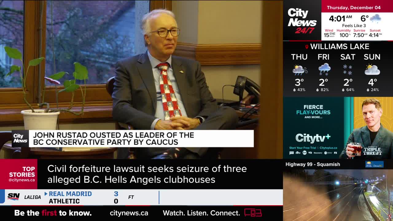 John Rustad, in a suit and tie, sits in a chair, arms crossed, as a CityNews Vancouver headline announces his ouster. The screen also displays the weather forecast for Williams Lake.
