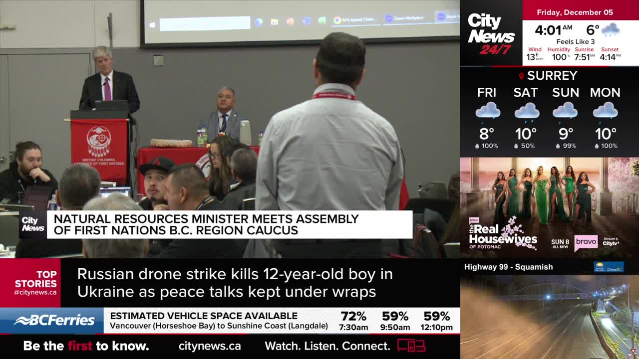 A man in a suit speaks from a podium, a banner with a red logo behind him. The news ticker from CityNews Vancouver scrolls at the bottom, reporting on a meeting of First Nations B.C. region caucus.
A man in a suit speaks from a podium, a banner with a red logo behind him. The news ticker from CityNews Vancouver scrolls at the bottom, reporting on a meeting of First Nations B.C. region caucus.