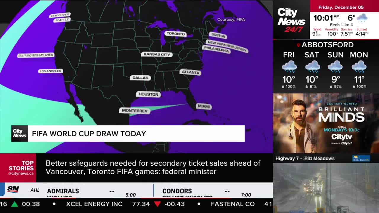 A map of North America, highlighted in purple, shows cities hosting the FIFA World Cup. CityNews Vancouver reports on the draw today, with a story about ticket sales in Vancouver and Toronto below.
A map of North America, highlighted in purple, shows cities hosting the FIFA World Cup. CityNews Vancouver reports on the draw today, with a story about ticket sales in Vancouver and Toronto below.