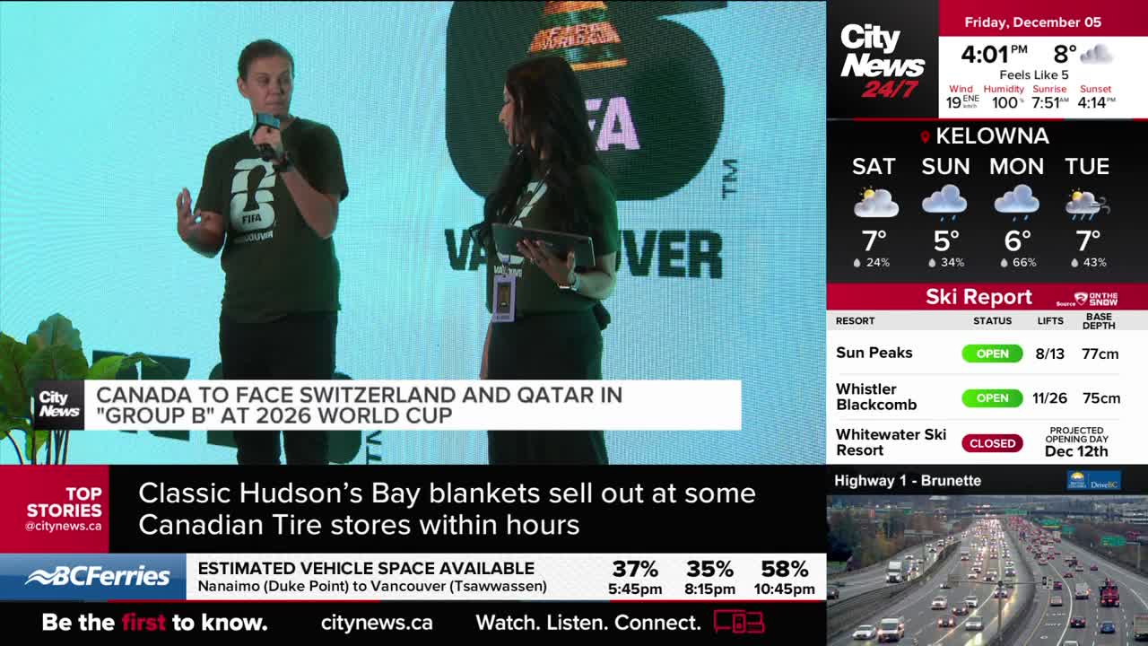 A man with a microphone gestures as he speaks, while a woman beside him holds a tablet. The CityNews Vancouver logo and headlines on the screen behind them announce news about the 2026 World Cup.
A man with a microphone gestures as he speaks, while a woman beside him holds a tablet. The CityNews Vancouver logo and headlines on the screen behind them announce news about the 2026 World Cup.