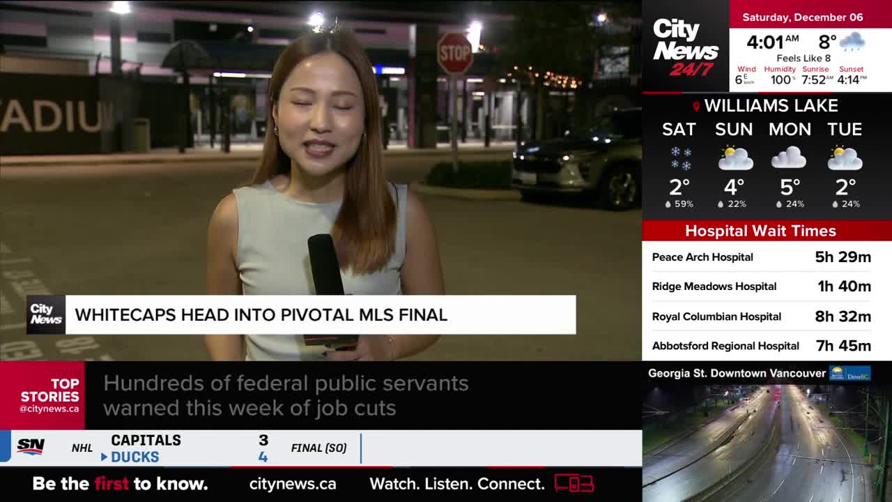 The CityNews Vancouver reporter stands outside, speaking into a microphone. Behind her, a car is parked near a stop sign, and the stadium is visible in the background.
The CityNews Vancouver reporter stands outside, speaking into a microphone. Behind her, a car is parked near a stop sign, and the stadium is visible in the background.