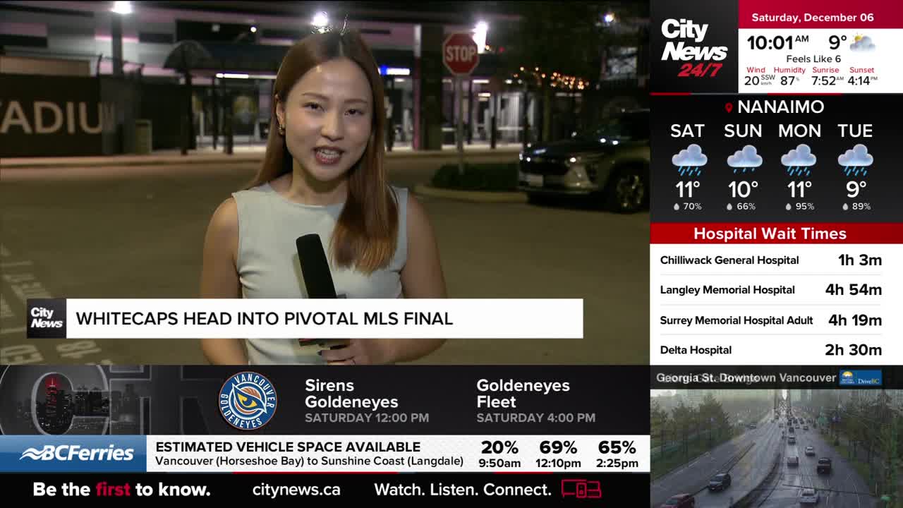 A CityNews Vancouver reporter stands outside, microphone in hand, delivering a story about the Whitecaps. Behind her, a stadium and a stop sign are visible in the evening light.
A CityNews Vancouver reporter stands outside, microphone in hand, delivering a story about the Whitecaps. Behind her, a stadium and a stop sign are visible in the evening light.