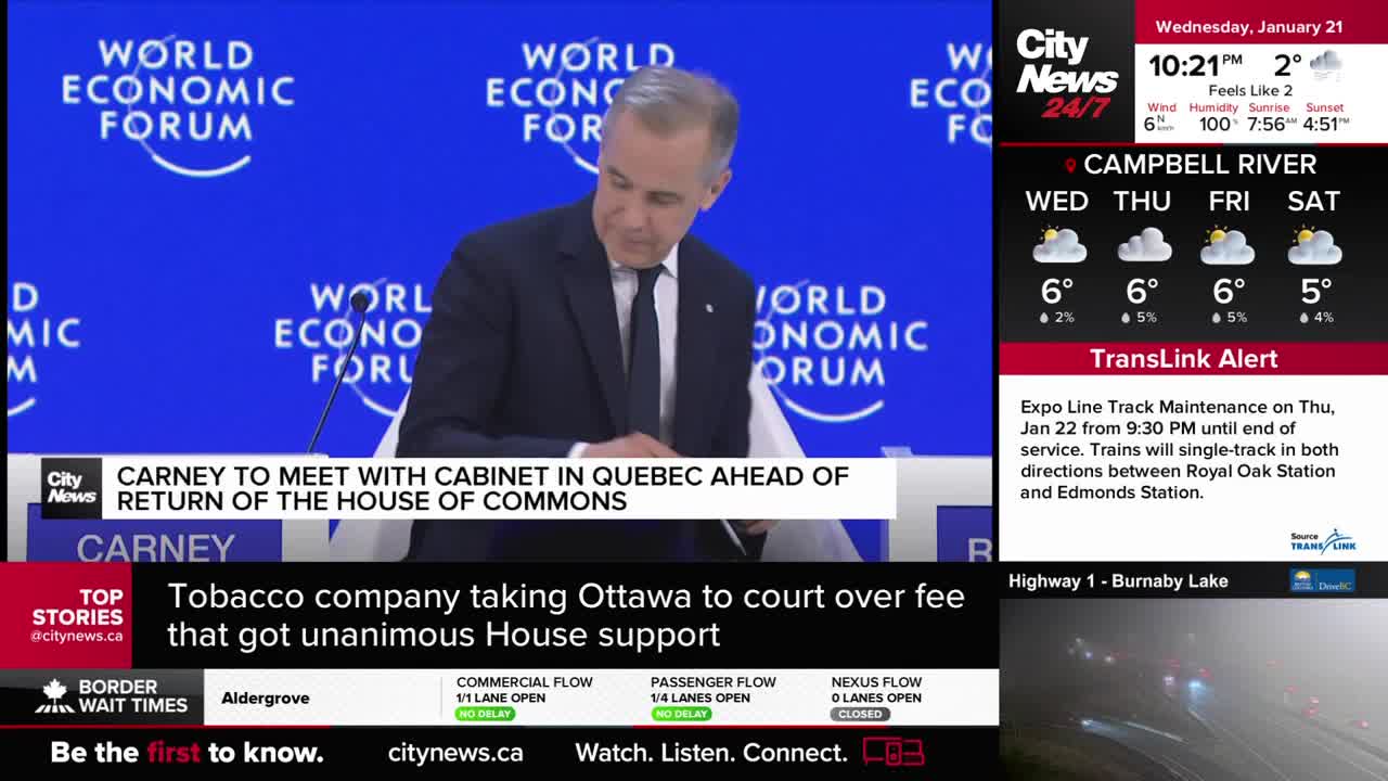 A man in a suit stands before a blue backdrop emblazoned with "World Economic Forum." On the right, CityNews Vancouver displays the current weather and a TransLink alert about Expo Line track maintenance. A man in a suit stands before a blue backdrop emblazoned with "World Economic Forum." On the right, CityNews Vancouver displays the current weather and a TransLink alert about Expo Line track maintenance.