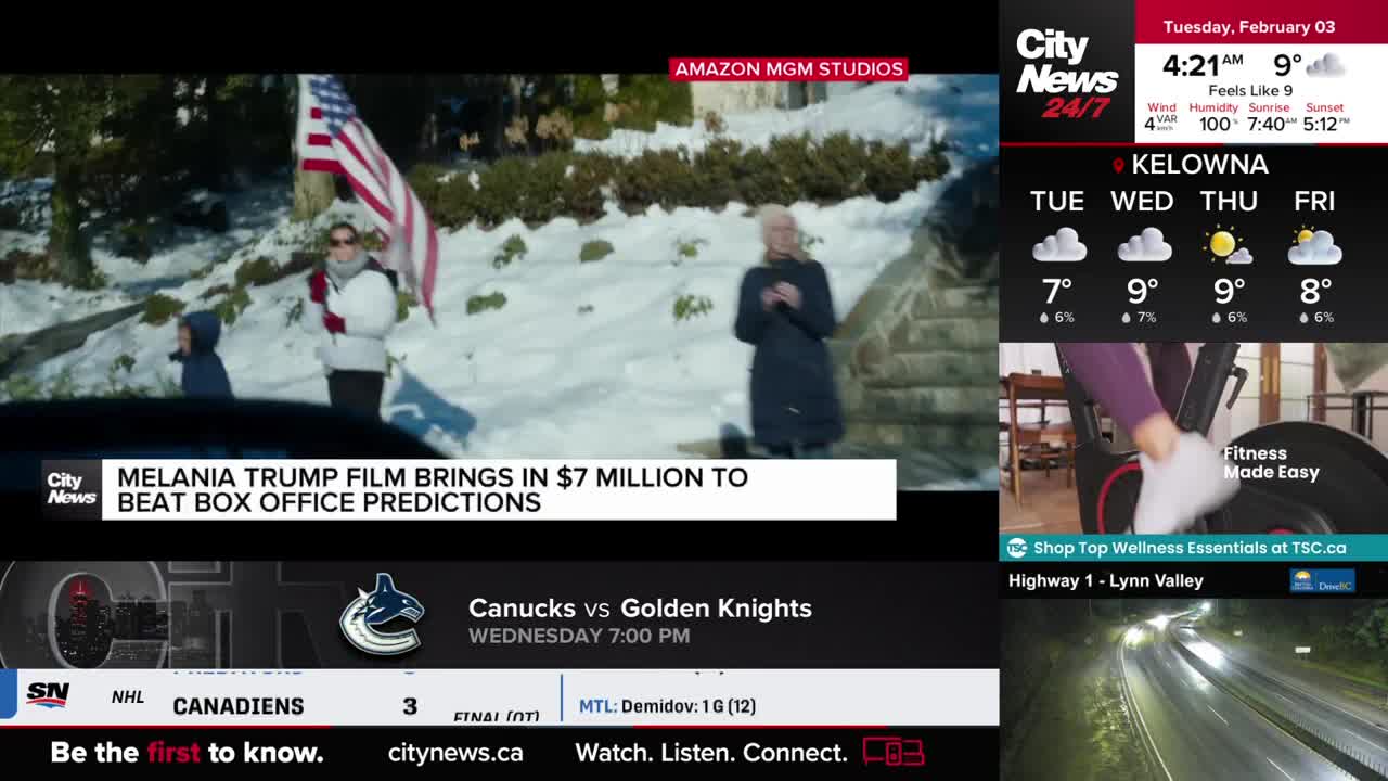 A woman in a white coat and scarf stands with an American flag in the snow, while another woman in a dark coat claps. A news ticker below reports on a Melania Trump film's box office success.