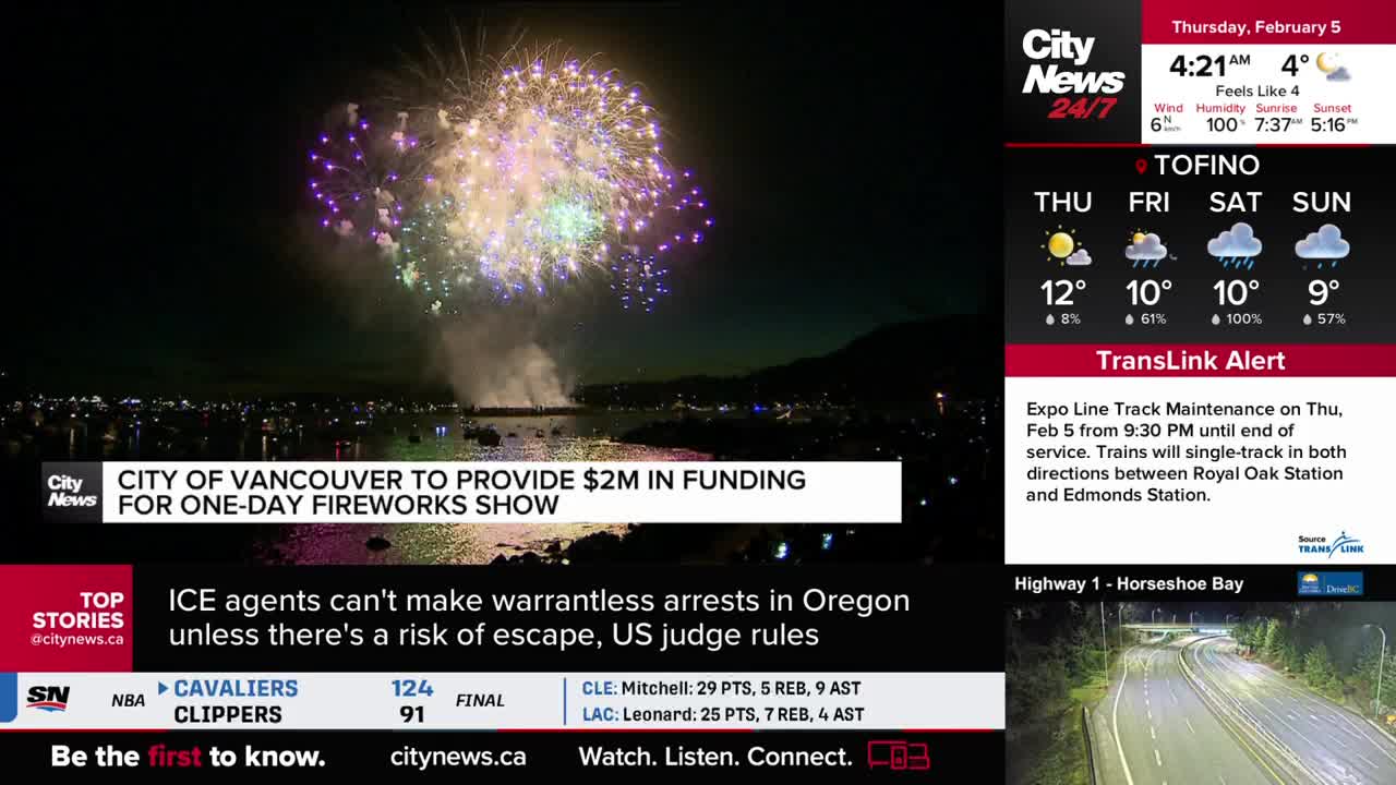 A spectacular fireworks display bursts into the night sky over Vancouver. The City of Vancouver is funding this one-day event.
