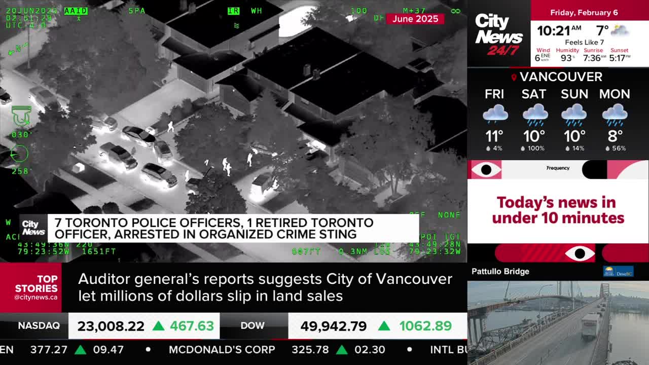 Several police cars are parked on a residential street, and figures in white are standing near them. A CityNews Vancouver report mentions an organized crime sting involving Toronto police officers.