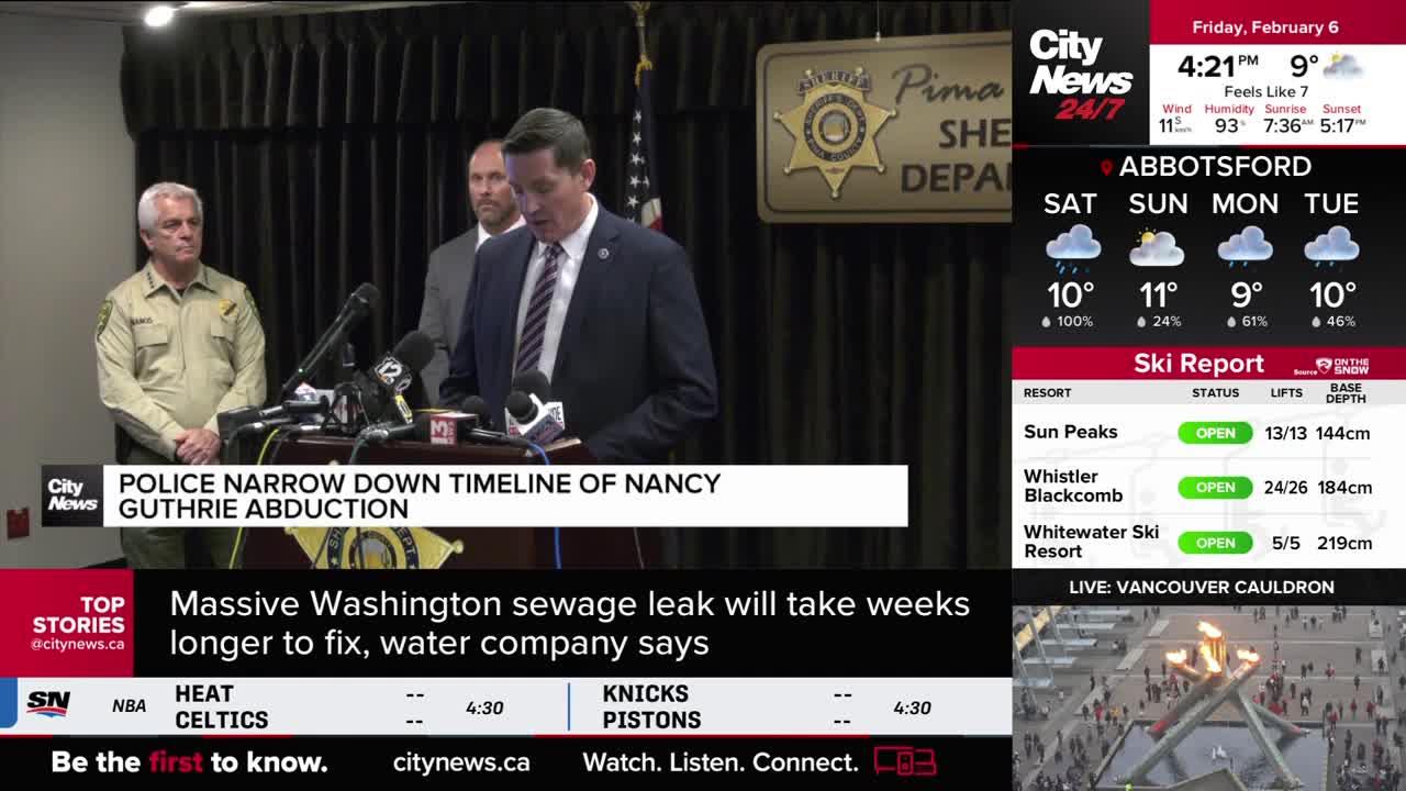 A man in a suit speaks into multiple microphones, with two other men standing behind him. A CityNews Vancouver graphic displays the headline "POLICE NARROW DOWN TIMELINE OF NANCY GUTHRIE ABDUCTION."