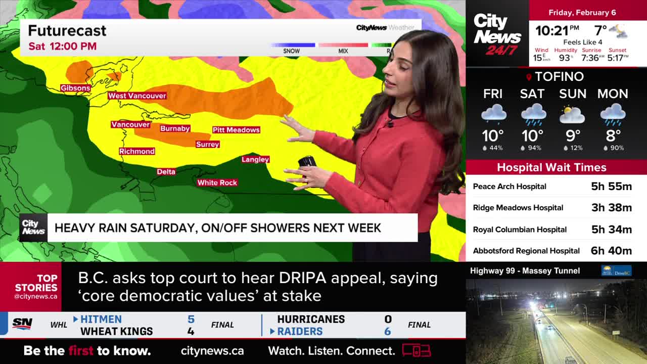 A meteorologist gestures toward a weather map showing heavy rain over the Lower Mainland. The forecast indicates Saturday will bring downpours, with showers expected throughout next week.