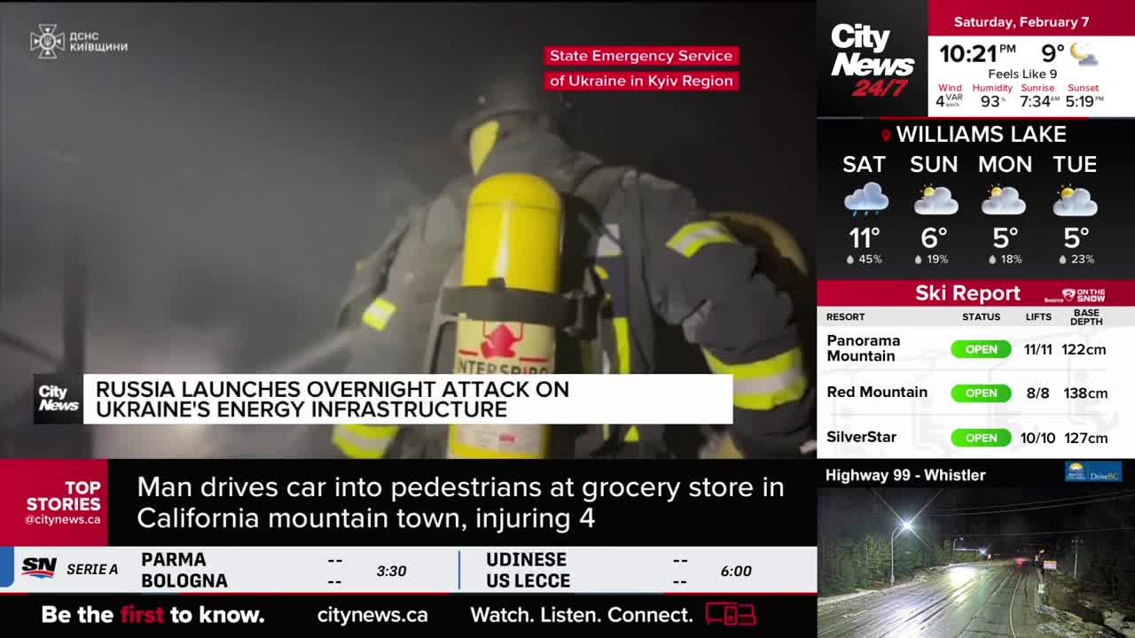 A firefighter in a yellow suit sprays water from a hose, the beam cutting through smoky darkness. The CityNews Vancouver screen displays a report about Russia's attack on Ukraine's energy infrastructure.