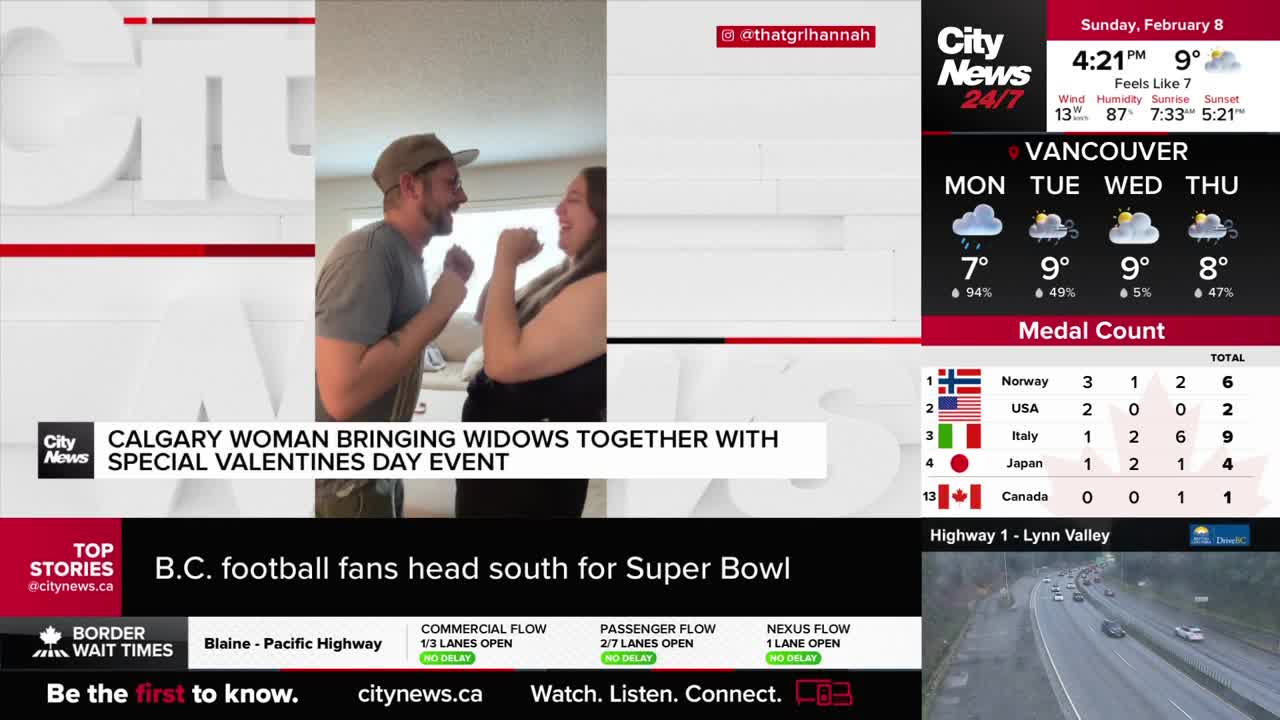 Cars are moving along Highway 1 in the Lynn Valley area. The sky is overcast, and the road appears wet.