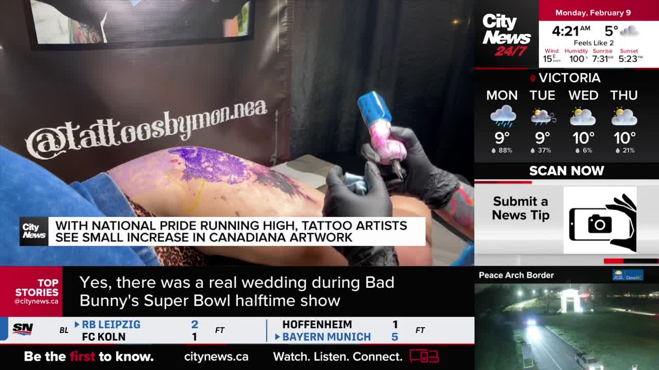 A tattoo artist's gloved hands work a needle into a leg, filling in a purple design. The CityNews Vancouver graphic states that Canadian artwork is seeing a small increase.