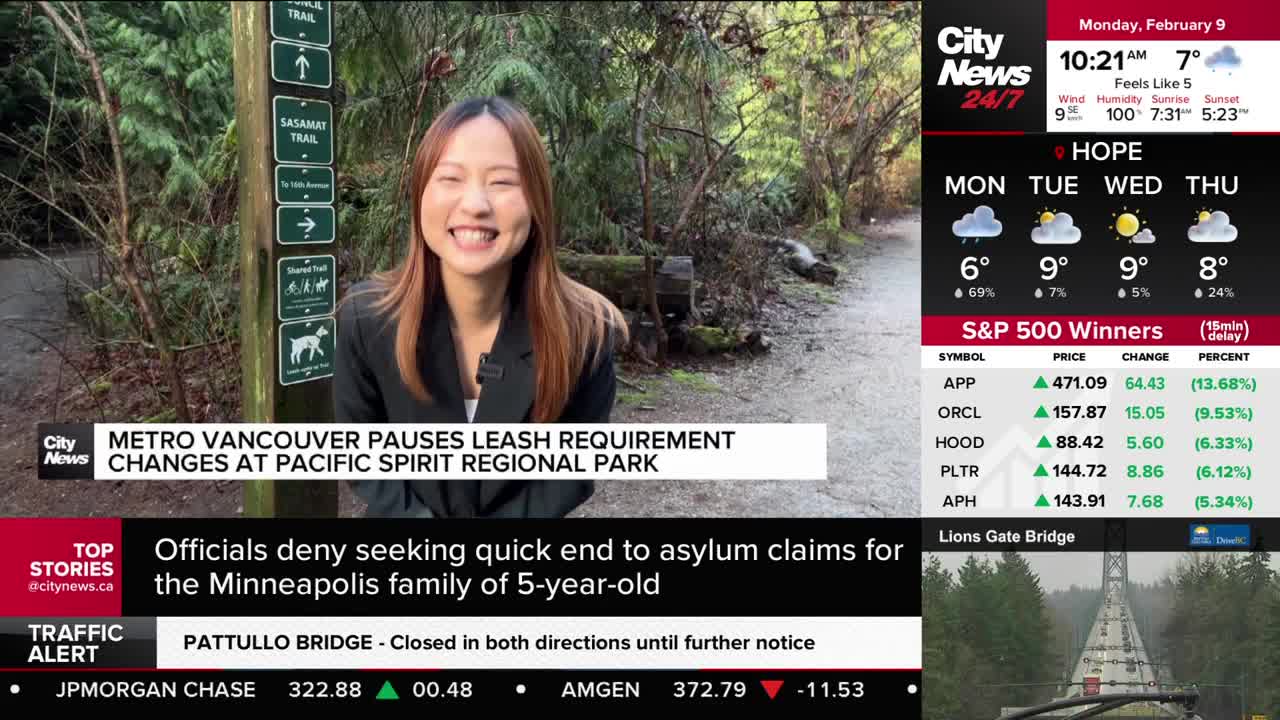 A reporter stands by a trail sign in Pacific Spirit Regional Park, smiling. On the screen behind her, CityNews Vancouver reports that Metro Vancouver has paused leash requirements in the park.