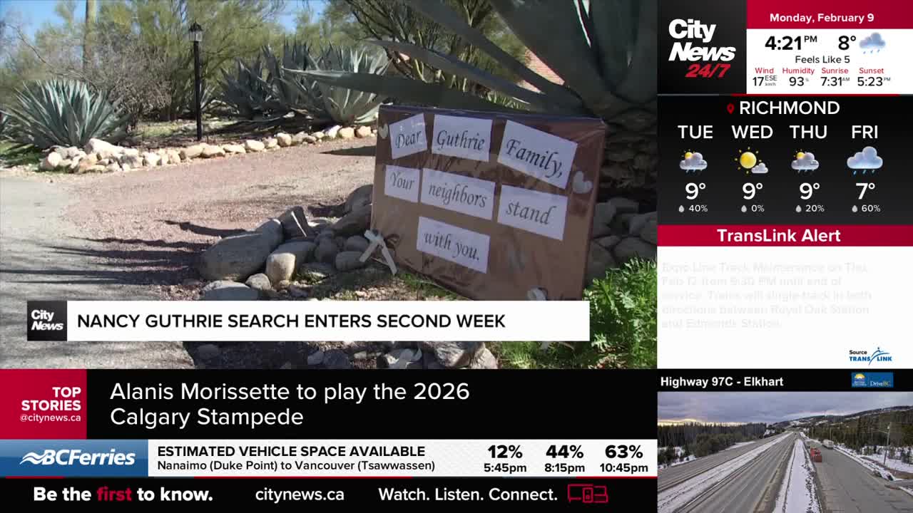 A makeshift sign on a cardboard box reads "Dear Guthrie Family, Your neighbors stand with you." The CityNews Vancouver banner indicates the search for Nancy Guthrie has entered its second week.