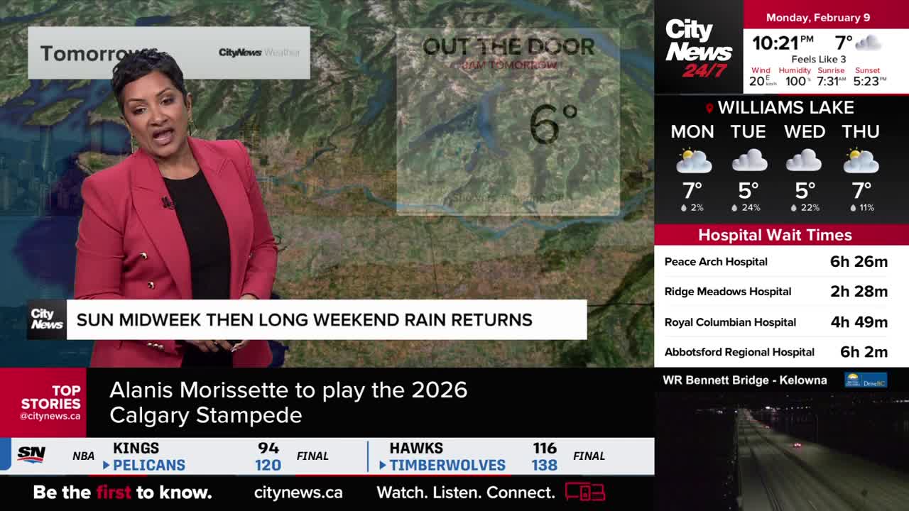 A CityNews weather reporter stands in front of a map of British Columbia, discussing the upcoming forecast. A graphic displays the temperature at 6 degrees Celsius, indicating it's cold outside.