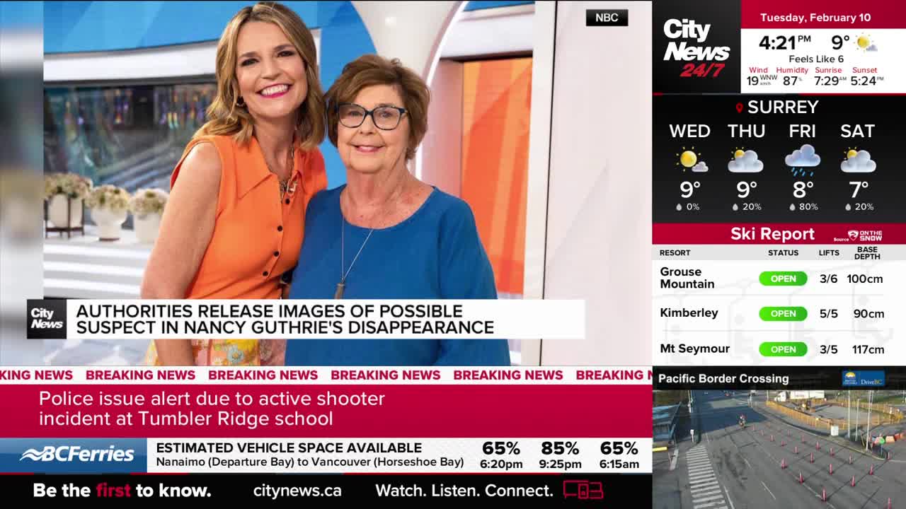 A news anchor smiles warmly next to an older woman. Below them, a breaking news banner flashes, announcing a police alert for an active shooter incident at a Tumbler Ridge school.