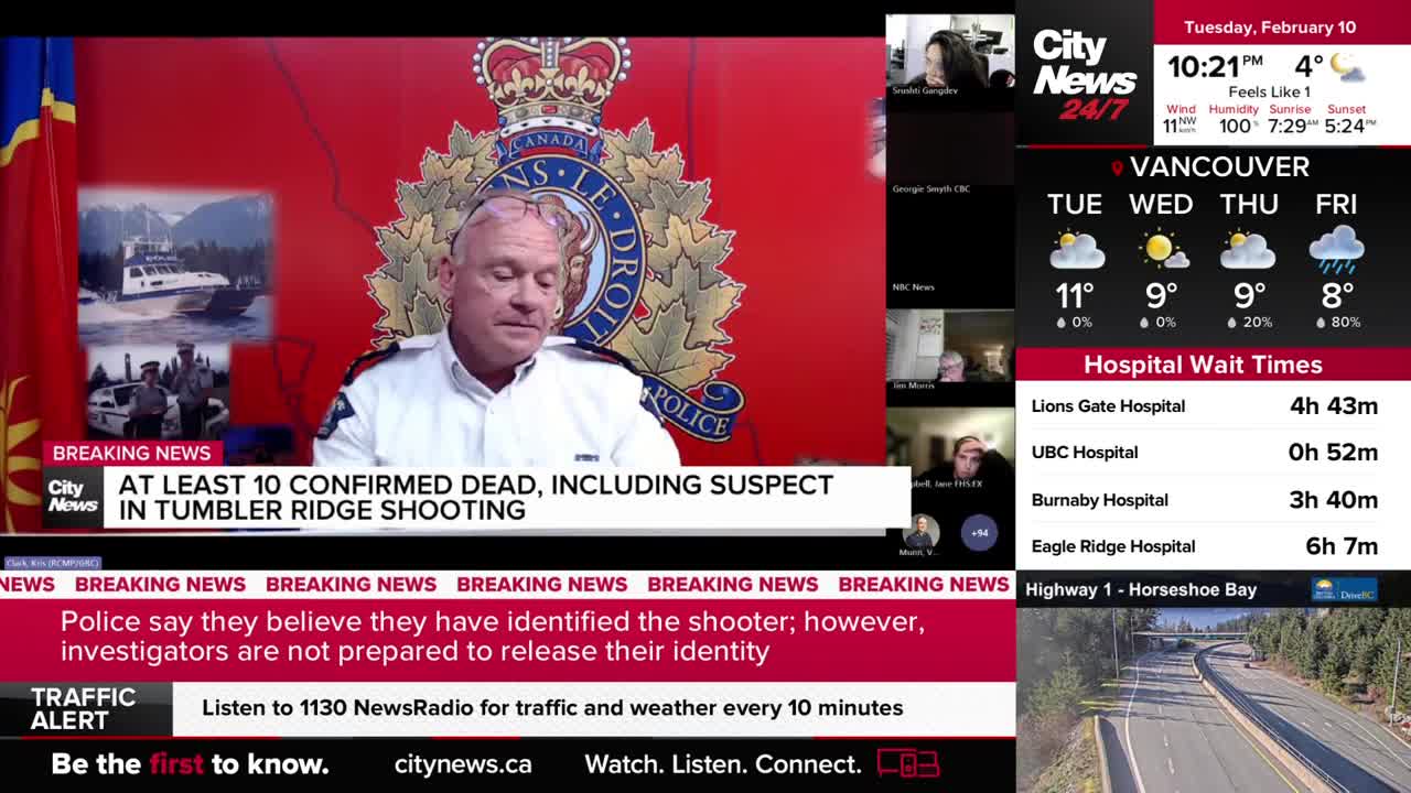A man in a police uniform speaks at a podium, the RCMP crest behind him. CityNews Vancouver is broadcasting breaking news about a shooting in Tumbler Ridge.