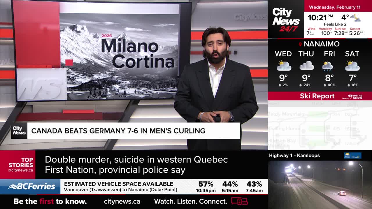 A man stands in front of a screen displaying "Milano Cortina 2026." Below that, a banner reads "Canada beats Germany 7-6 in men's curling." A man stands in front of a screen displaying "Milano Cortina 2026." Below that, a banner reads "Canada beats Germany 7-6 in men's curling."