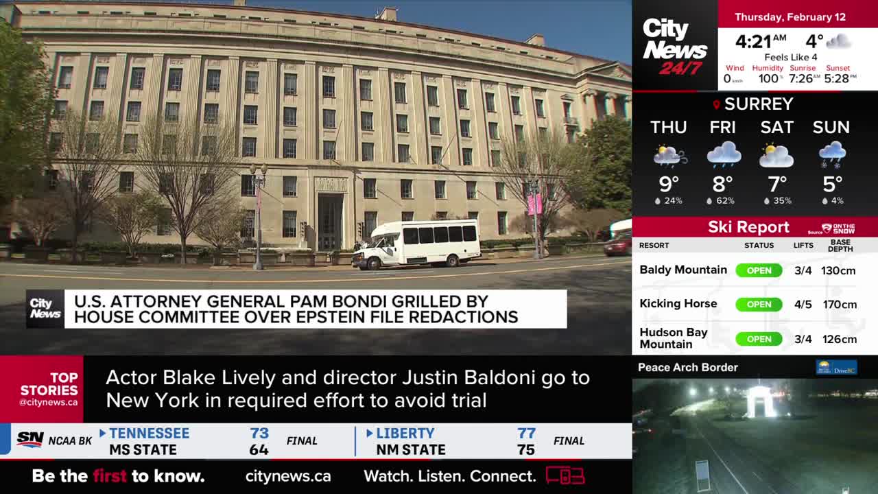 A white bus pulls away from the curb in front of a large, ornate building. The CityNews Vancouver screen displays a story about U.S. Attorney General Pam Bondi. A white bus pulls away from the curb in front of a large, ornate building. The CityNews Vancouver screen displays a story about U.S. Attorney General Pam Bondi.