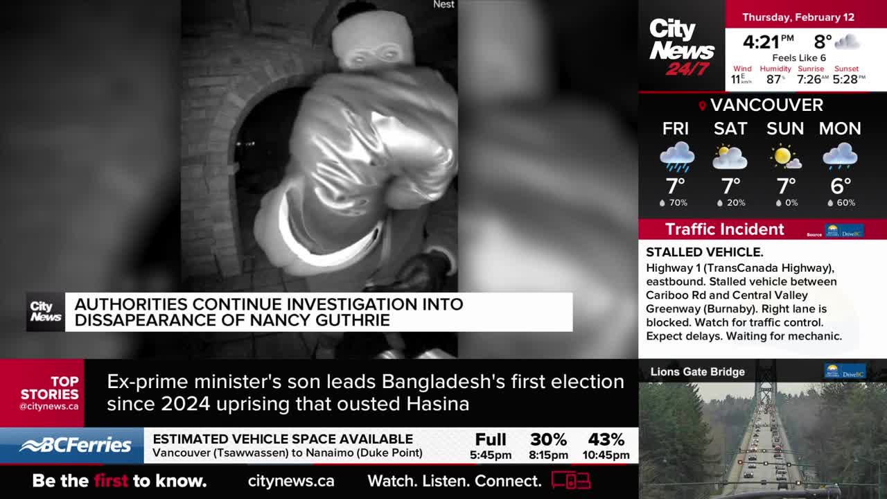 A figure in a light-coloured jacket and ski mask moves through a dark archway. The CityNews Vancouver broadcast is reporting on a stalled vehicle on Highway 1. A figure in a light-coloured jacket and ski mask moves through a dark archway. The CityNews Vancouver broadcast is reporting on a stalled vehicle on Highway 1.