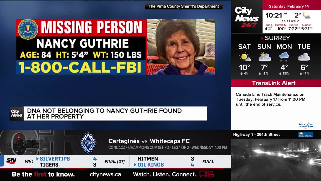 The screen displays a missing person alert for Nancy Guthrie, an 84-year-old woman. A CityNews Vancouver report notes DNA not belonging to her was found at her property. The screen displays a missing person alert for Nancy Guthrie, an 84-year-old woman. A CityNews Vancouver report notes DNA not belonging to her was found at her property.