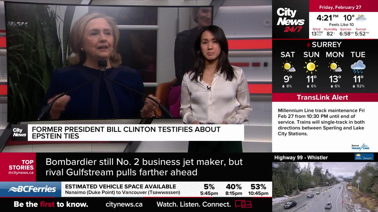 Hillary Clinton speaks at a podium, with a CityNews Vancouver reporter standing beside her. A highway camera shows cars moving through a snowy landscape on Highway 99 towards Whistler. Hillary Clinton speaks at a podium, with a CityNews Vancouver reporter standing beside her. A highway camera shows cars moving through a snowy landscape on Highway 99 towards Whistler.