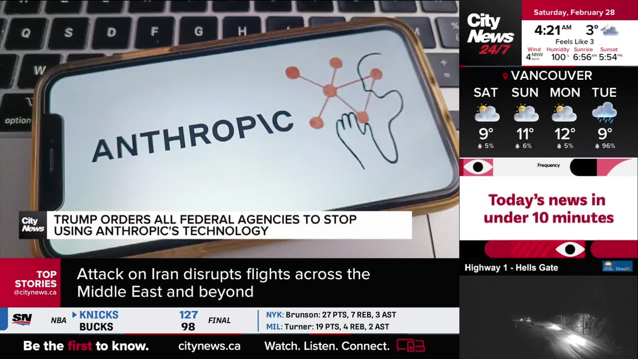 A phone screen displays the word "ANTHROPIC" next to a diagram of interconnected dots and a stylized hand. On the right, the CityNews Vancouver broadcast shows the current temperature and forecast. A phone screen displays the word "ANTHROPIC" next to a diagram of interconnected dots and a stylized hand. On the right, the CityNews Vancouver broadcast shows the current temperature and forecast.