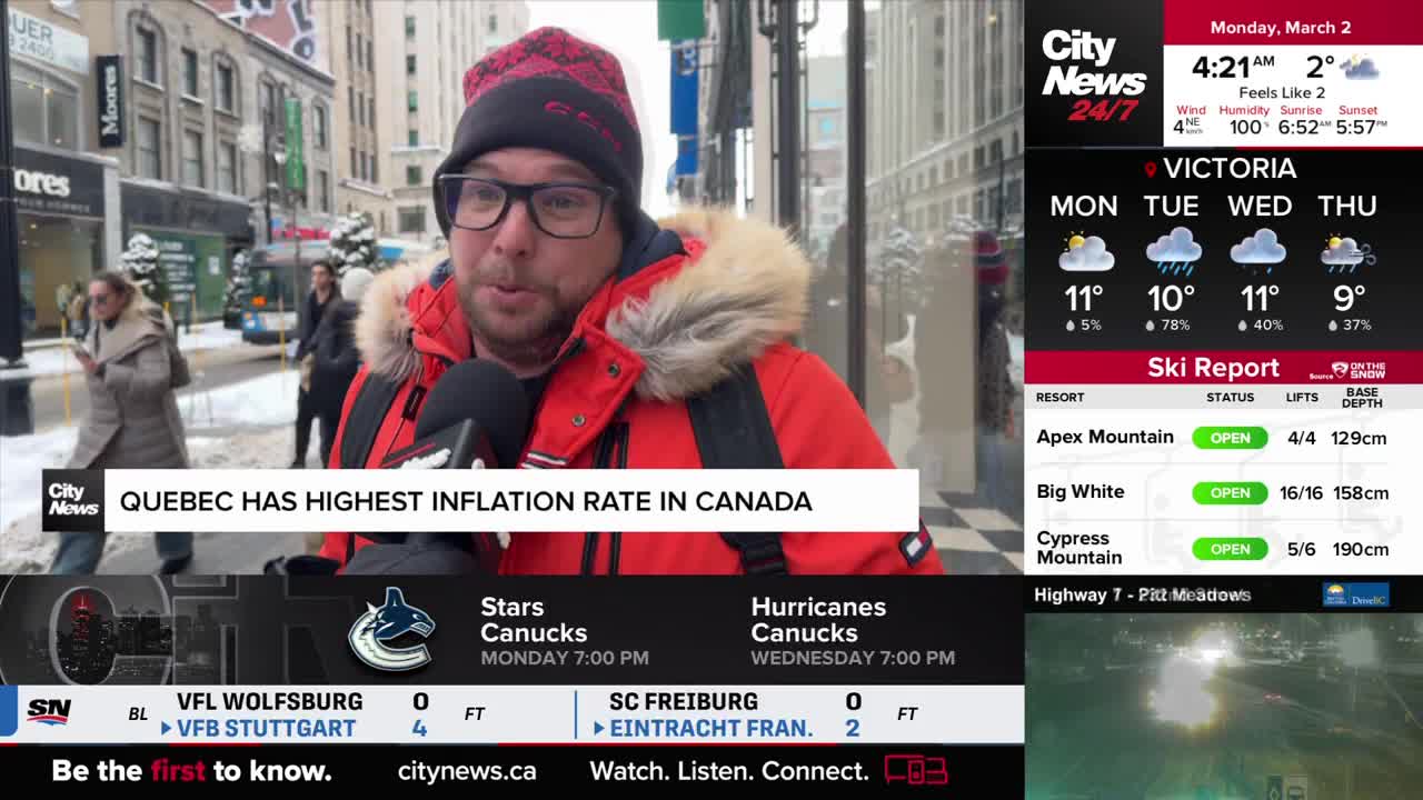 A reporter stands on a snowy street, speaking into a microphone for CityNews Vancouver. The graphic behind him states, "Quebec Has Highest Inflation Rate in Canada." A reporter stands on a snowy street, speaking into a microphone for CityNews Vancouver. The graphic behind him states, "Quebec Has Highest Inflation Rate in Canada."