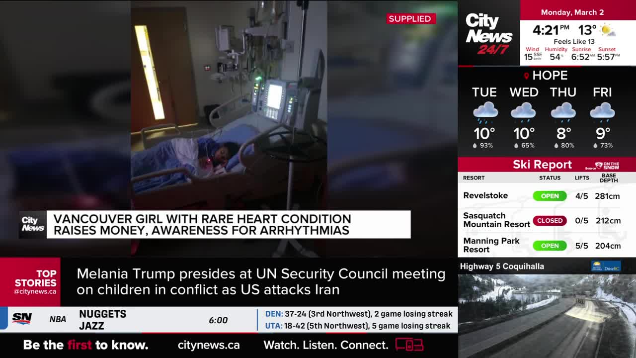 A young girl lies in a hospital bed, surrounded by medical equipment. The CityNews Vancouver graphic below her story states she's raising money and awareness for arrhythmias. A young girl lies in a hospital bed, surrounded by medical equipment. The CityNews Vancouver graphic below her story states she's raising money and awareness for arrhythmias.