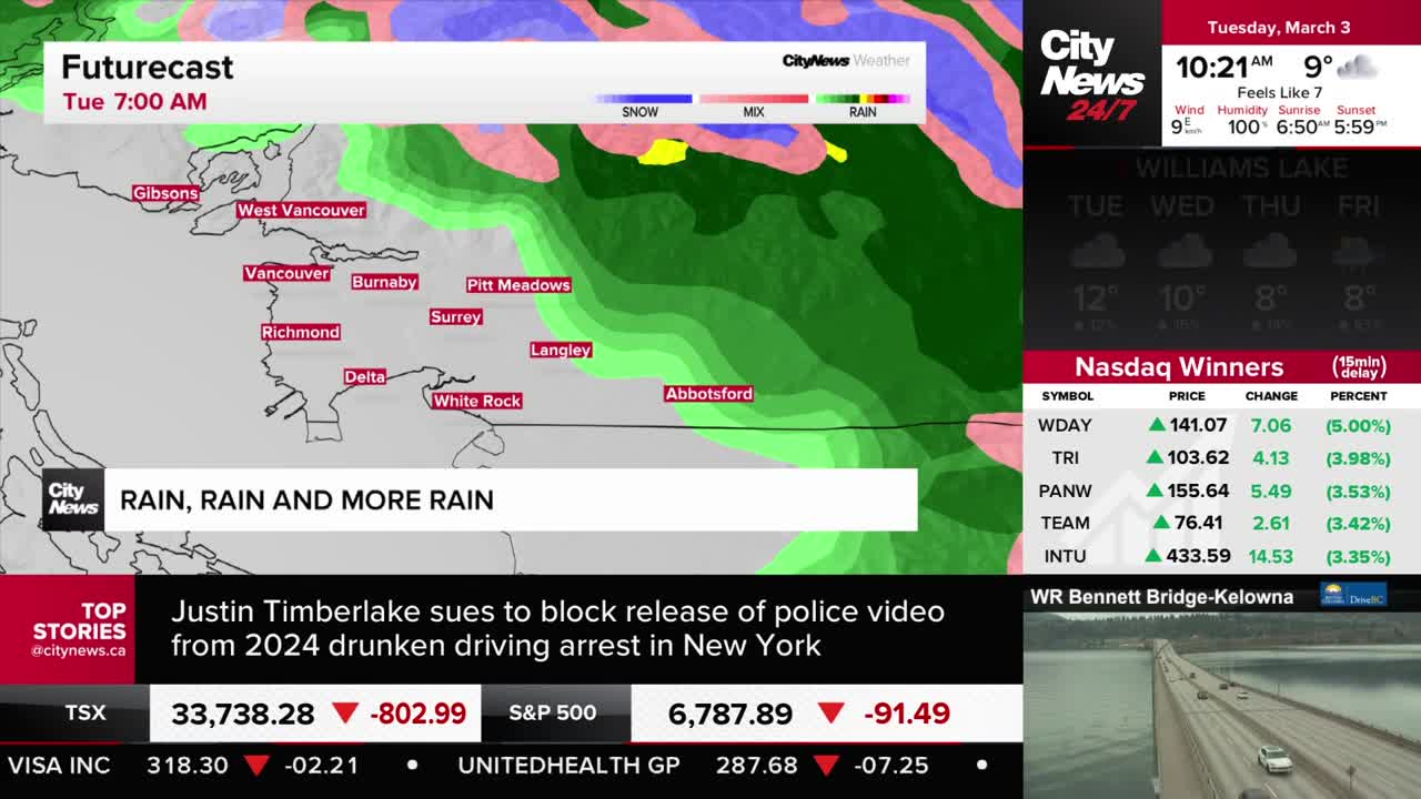 Green and pink blobs of precipitation are moving across the map of the Lower Mainland. The forecast for Vancouver and surrounding areas is "RAIN, RAIN AND MORE RAIN."