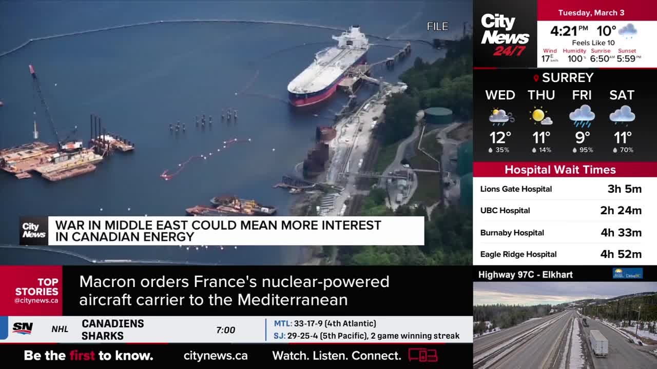 A large tanker is docked at a terminal, with construction barges and cranes nearby. The CityNews Vancouver screen shows a headline about Canadian energy and a weather forecast for Surrey.