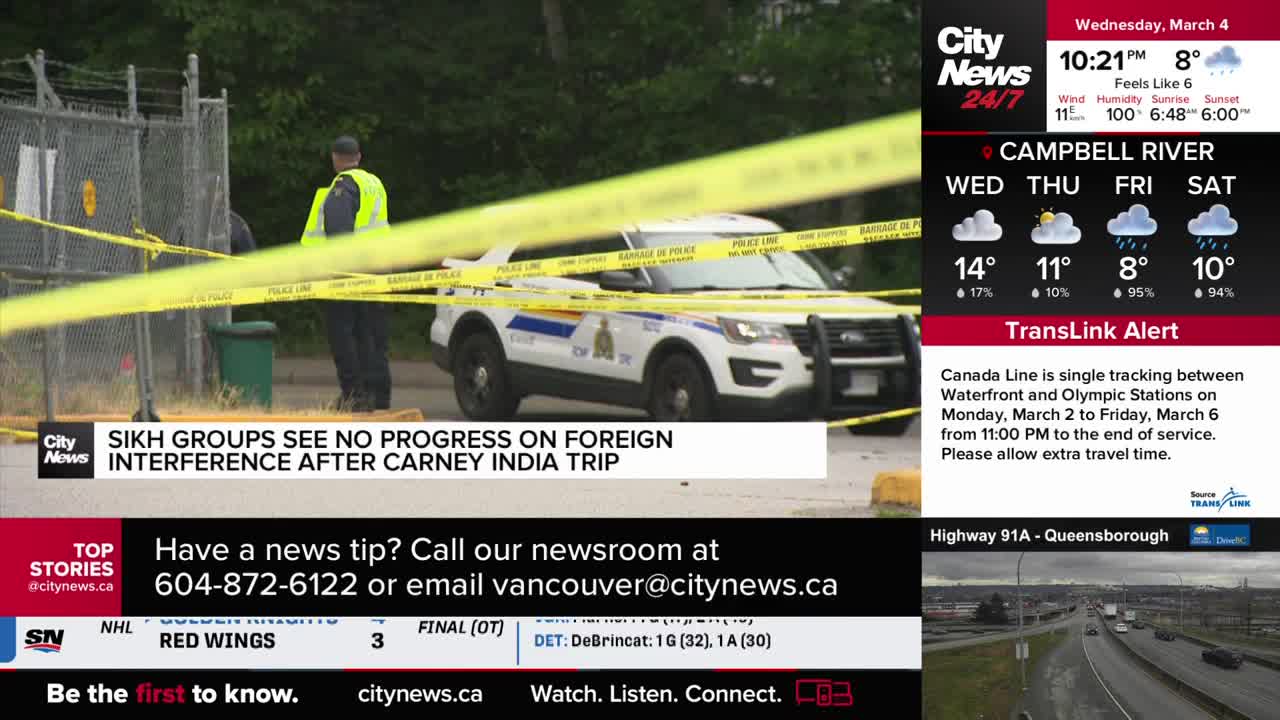 Yellow police tape stretches across the scene, obscuring a white RCMP vehicle and a uniformed officer. A news chyron below states, "Sikh groups see no progress on foreign interference after Carney India trip."