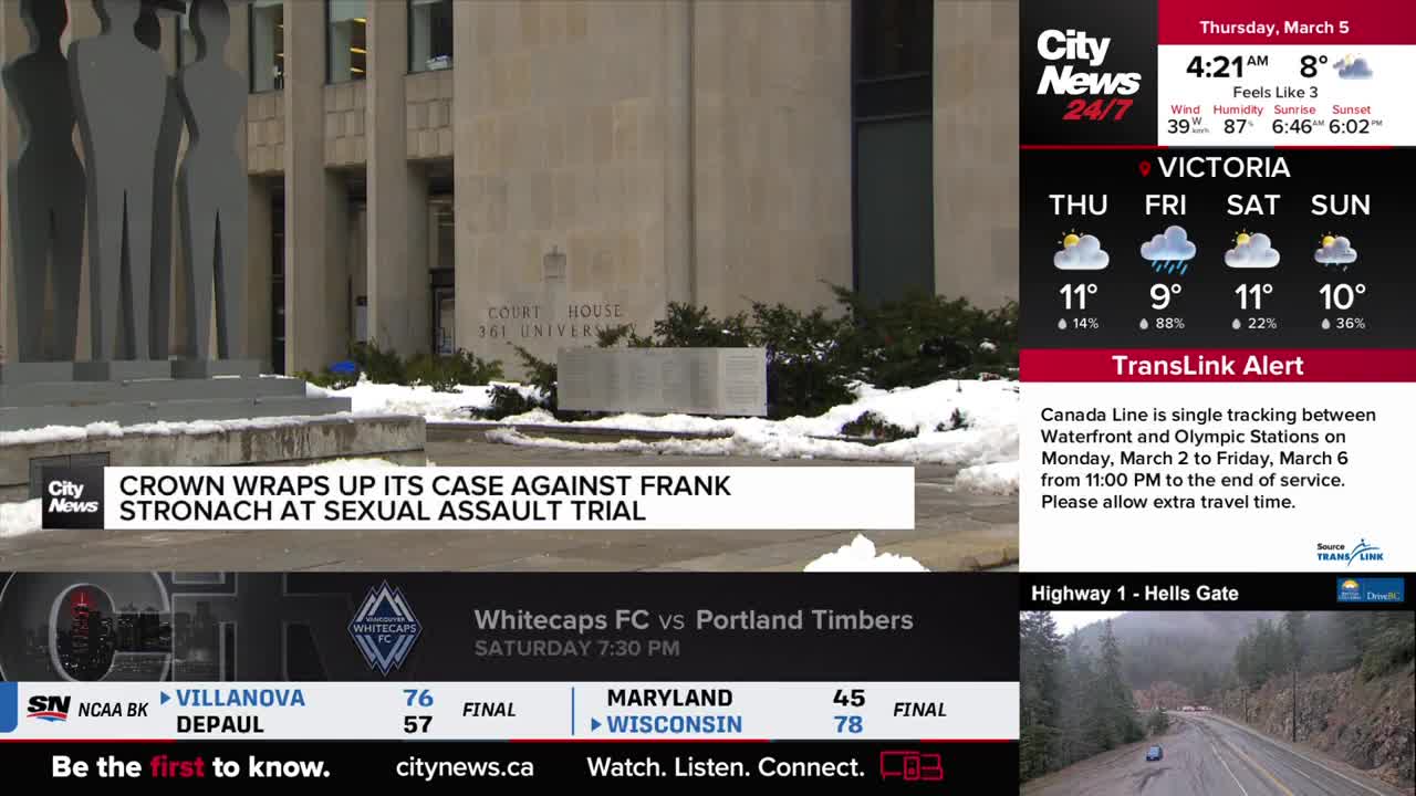 A large, grey courthouse stands behind a snow-dusted plaza with abstract sculptures. City News Vancouver reports the Crown is wrapping up its case against Frank Stronach at a sexual assault trial.