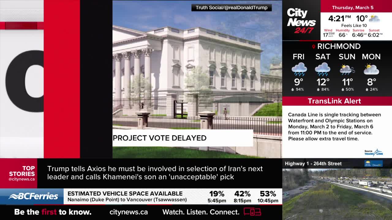 A grand, classical building stands behind a fence, its facade etched with columns and windows. A banner across the bottom of the image announces "PROJECT VOTE DELAYED."