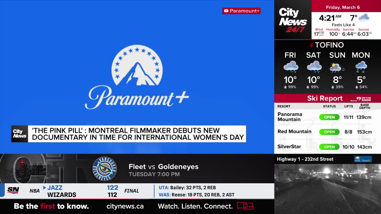 The CityNews Vancouver screen displays a Paramount+ logo and a headline about a Montreal filmmaker's documentary. To the right, weather forecasts for Tofino and a ski report for local mountains are visible. Below that, a live traffic camera shows Highway 1 near 232nd Street.